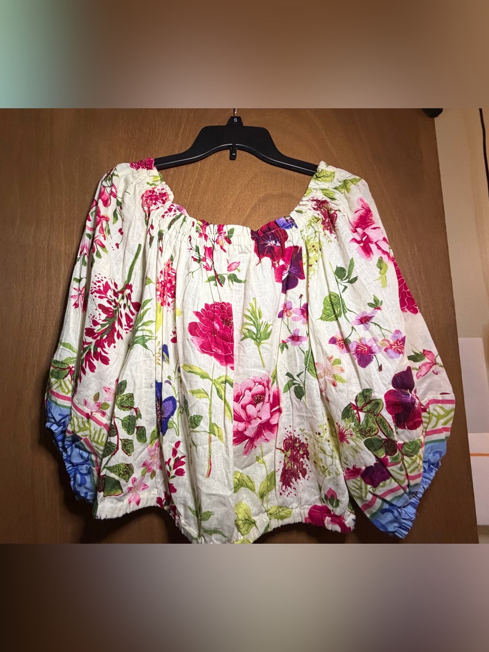 Christian Siriano White Off-Shoulder Blouse with Pink & Green Floral Print MED
